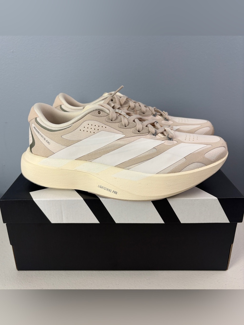 Adidas Adizero EVO SL EXO Suede Running Shoes Wonder White KI2687 Women's Sz